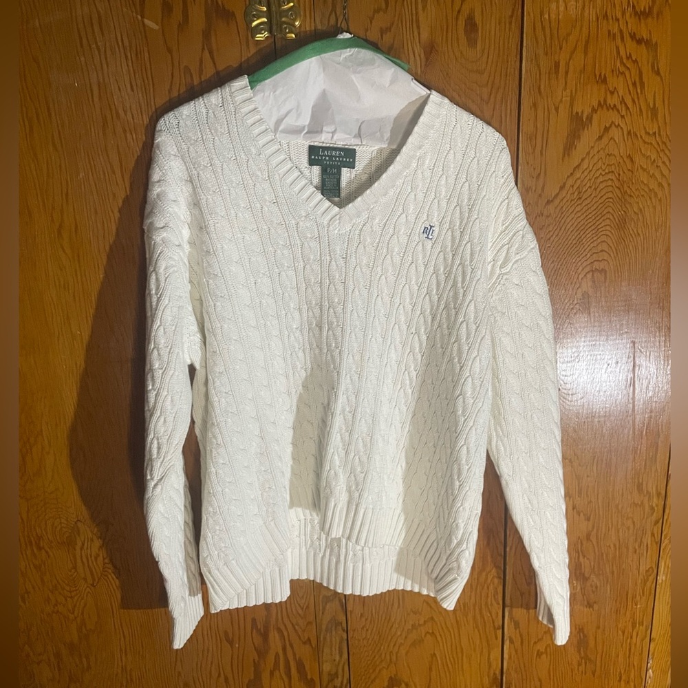 Ralph Lauren White Cable Knit V-Neck Sweater - Petite